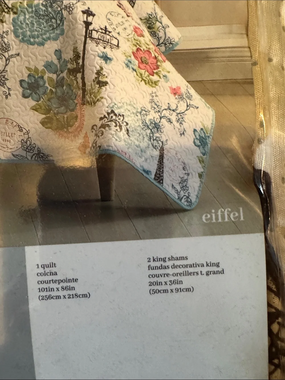 Floral Eiffel King Quilt Set in White, Teal, Pink